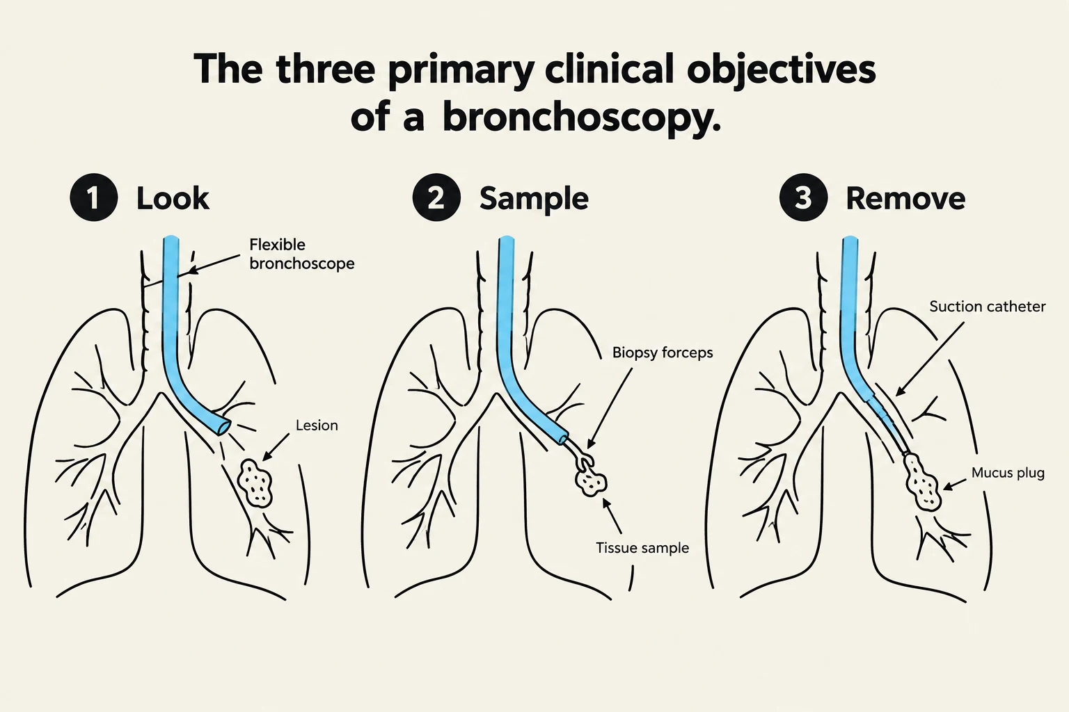 Diagram illustrating the three primary clinical objectives of a bronchoscopy: Look, Sample, and Remove.