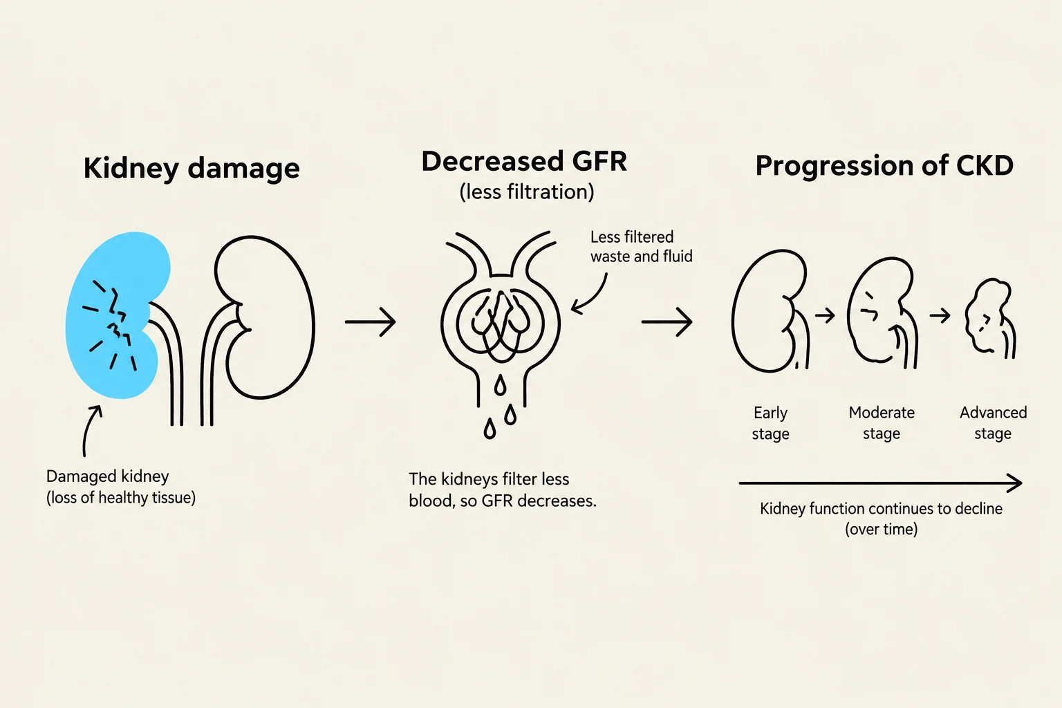 This diagram illustrates the progression of Chronic Kidney Disease (CKD), showing kidney damage, decreased Glomerular Filtration Rate (GFR), and the decline in kidney function over time through early, moderate, and advanced stages.