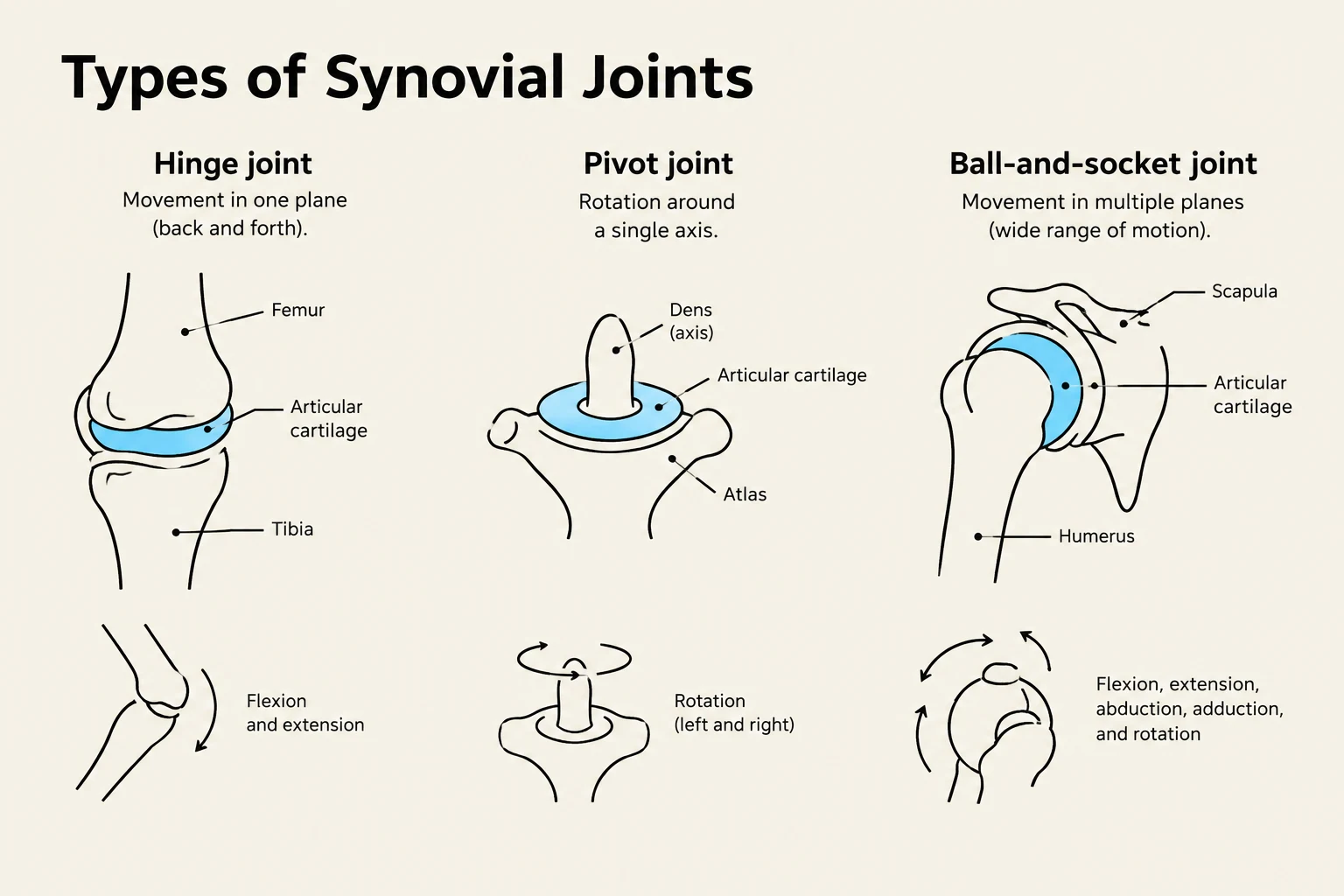 Diagrams illustrating the three main types of synovial joints: hinge, pivot, and ball-and-socket, along with their respective movements.