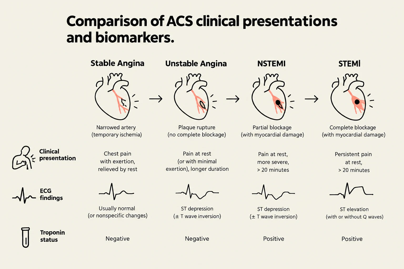 Comparison of Acute Coronary Syndrome (ACS) clinical presentations and biomarkers, including Stable Angina, Unstable Angina, NSTEMI, and STEMI, detailing their causes, symptoms, ECG findings, and troponin status.