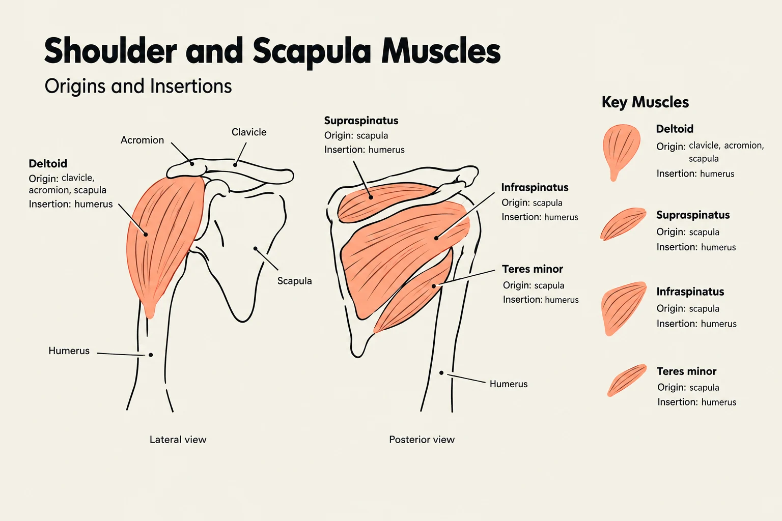 Diagrams illustrating the origins and insertions of the deltoid, supraspinatus, infraspinatus, and teres minor muscles of the shoulder and scapula, shown from lateral and posterior views.