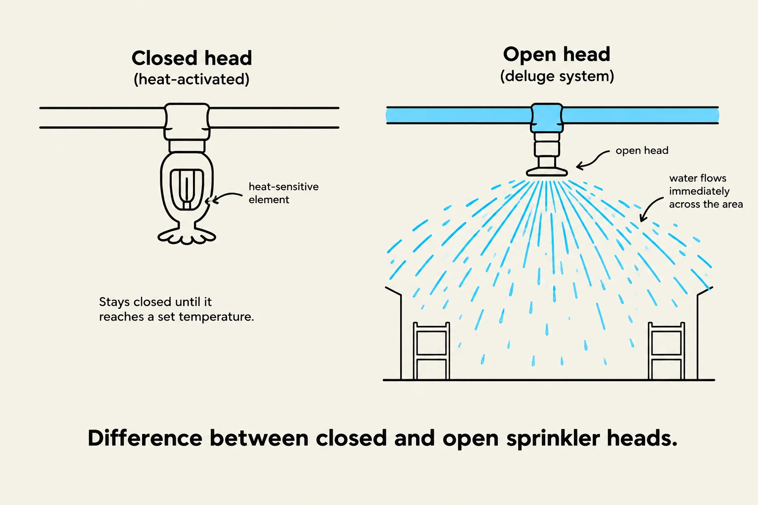 This illustration shows the difference between a closed head sprinkler, which activates when a set temperature is reached, and an open head sprinkler, which is part of a deluge system and releases water immediately.