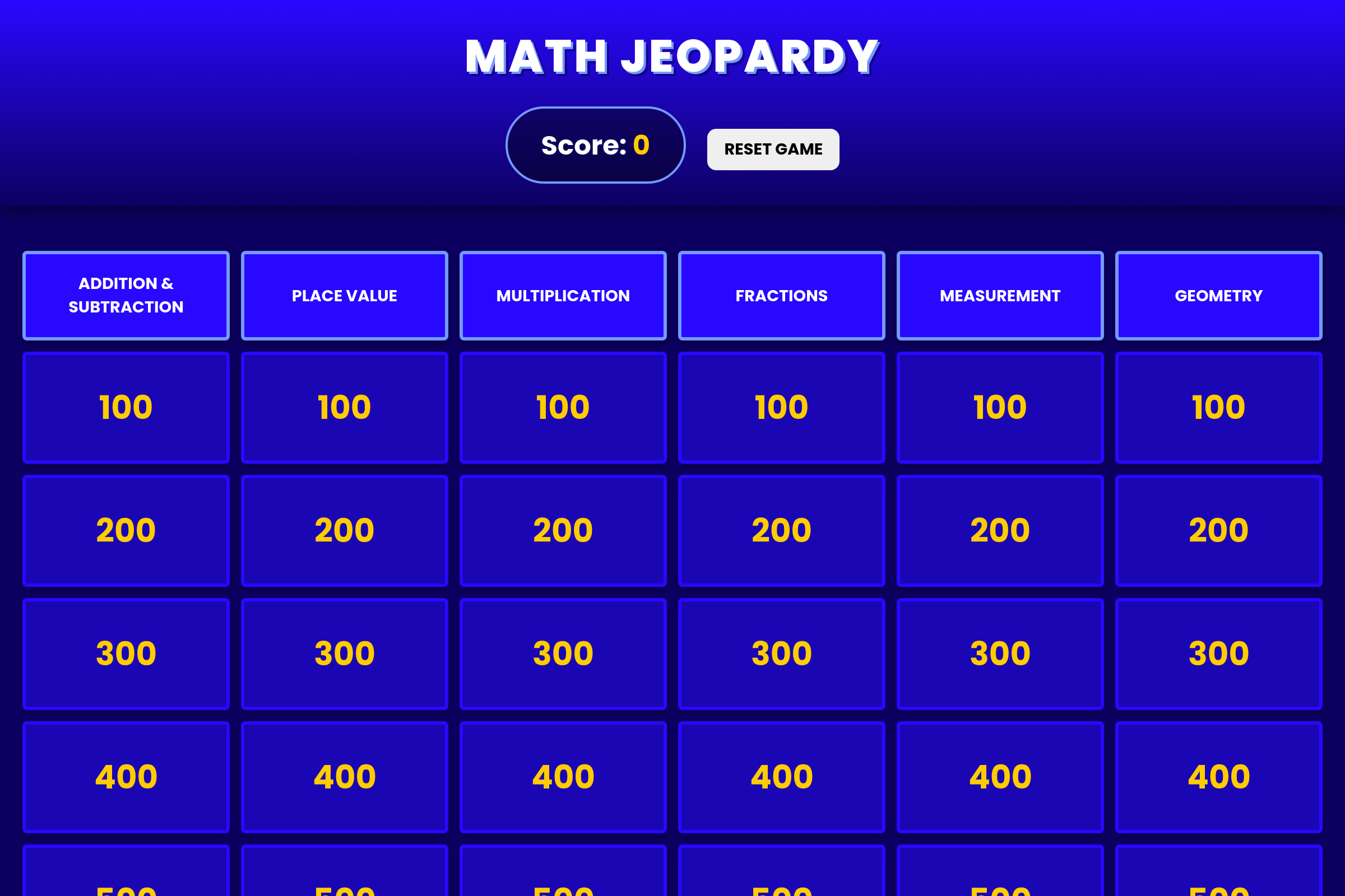 Math Review Jeopardy mini app