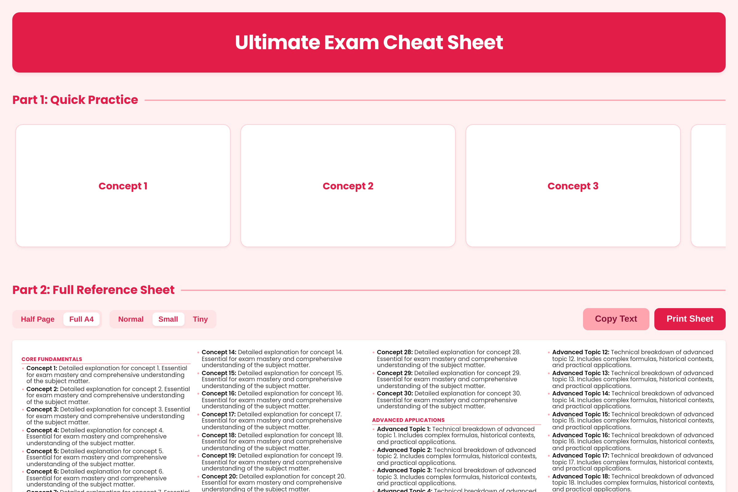 Study Sheet Pro mini app