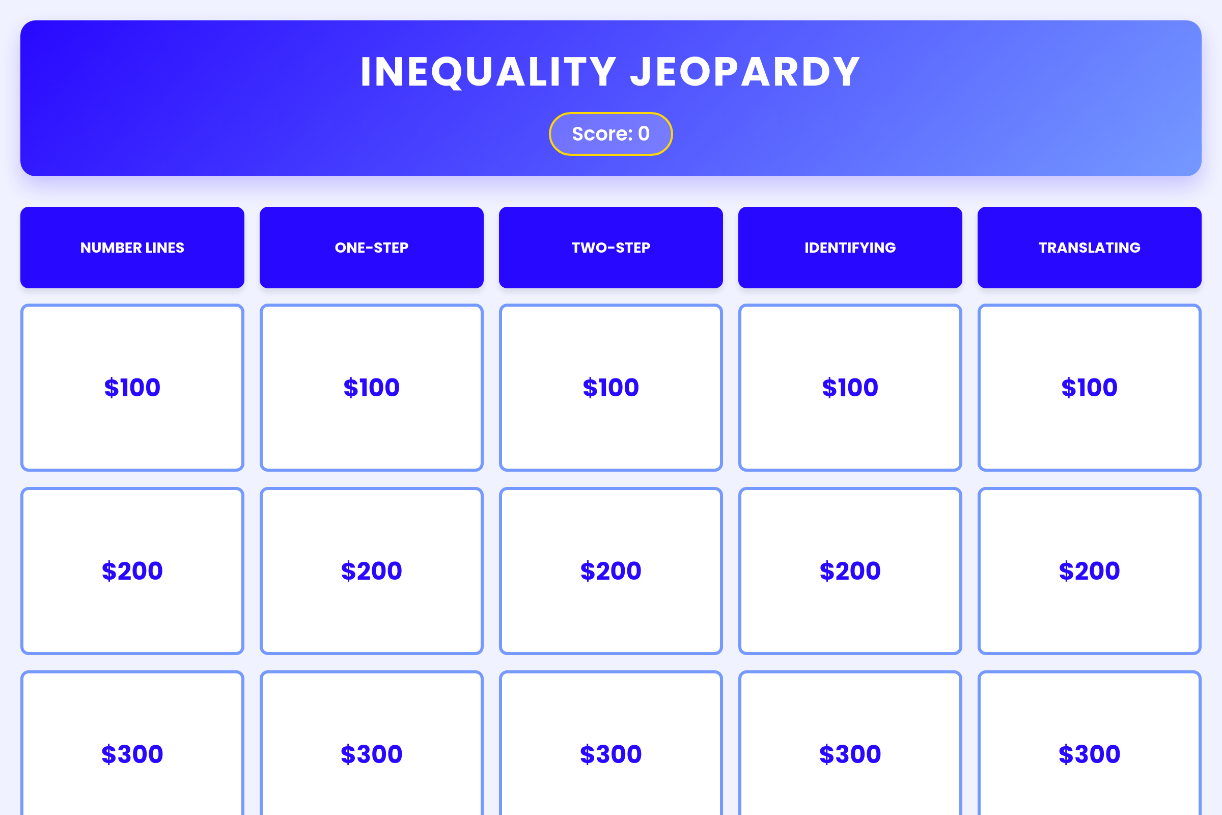 Inequality Jeopardy mini app
