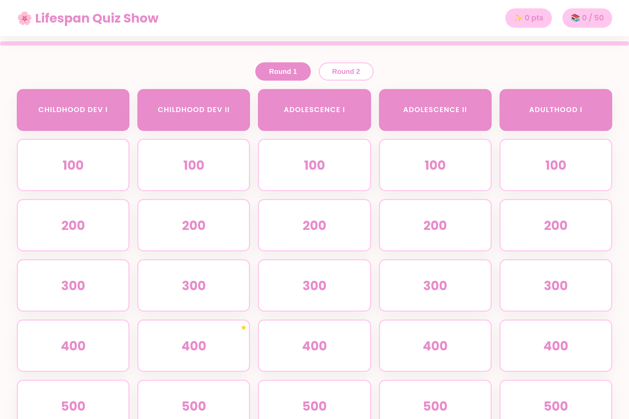 Lifespan Development Quiz Show mini app