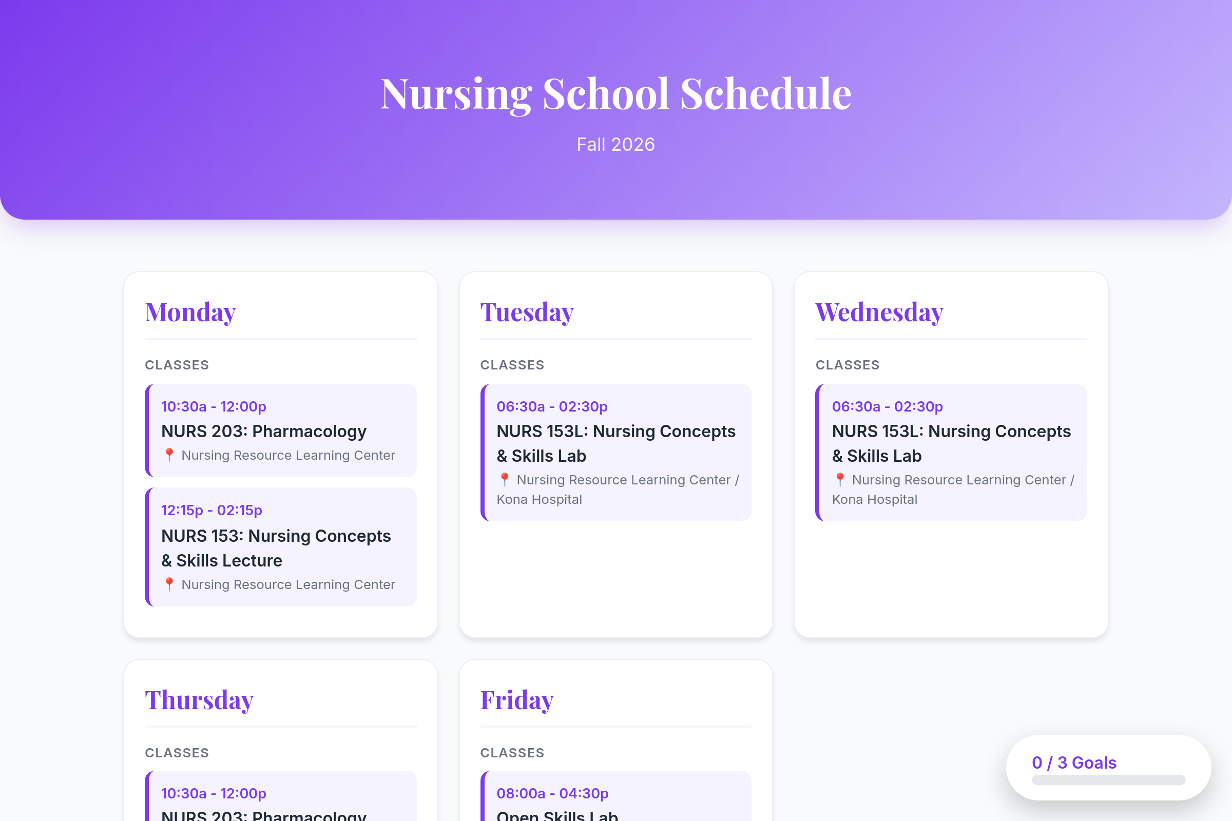 Nursing School Schedule mini app