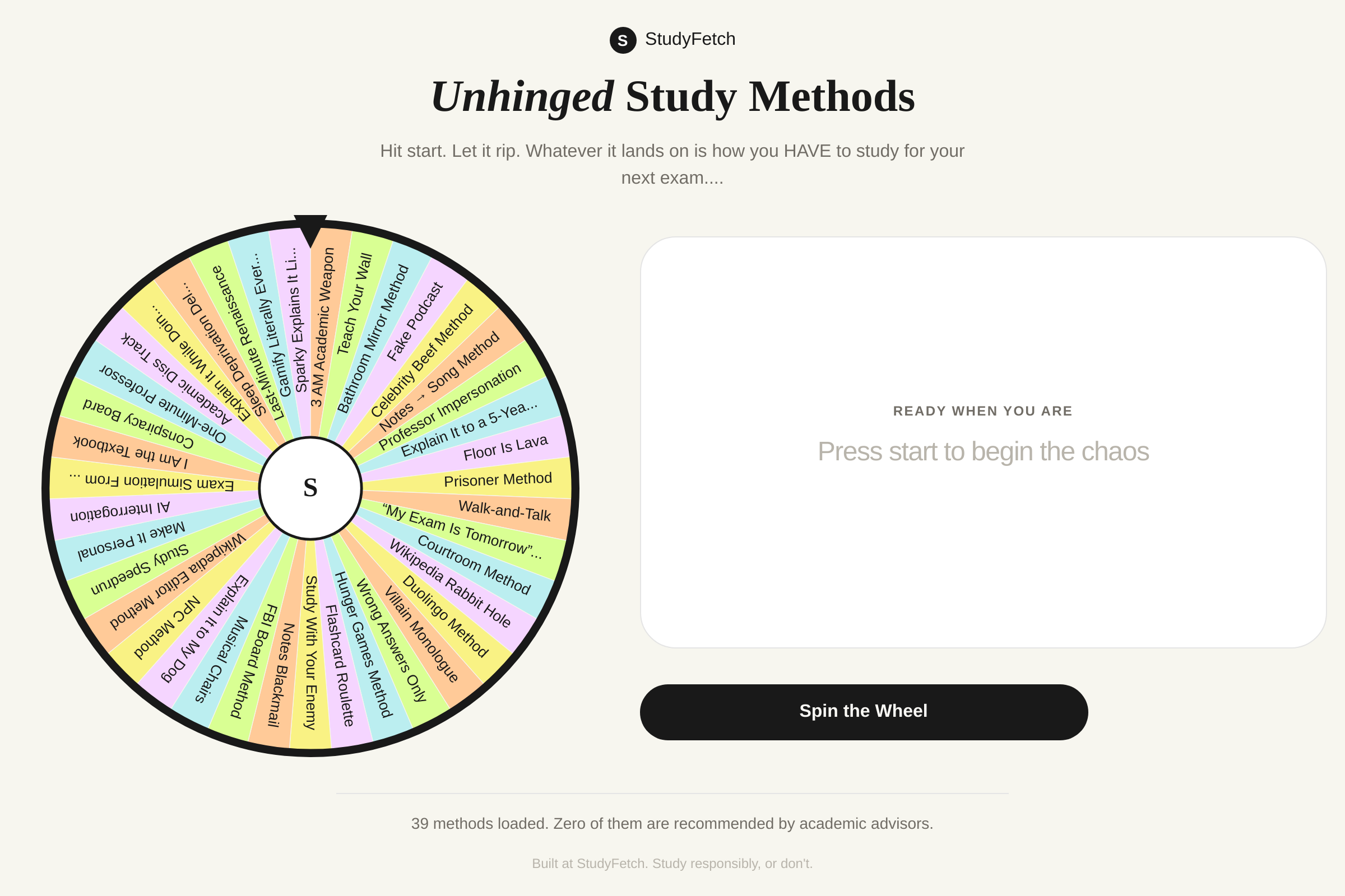 Unhinged Study Methods Wheel mini app