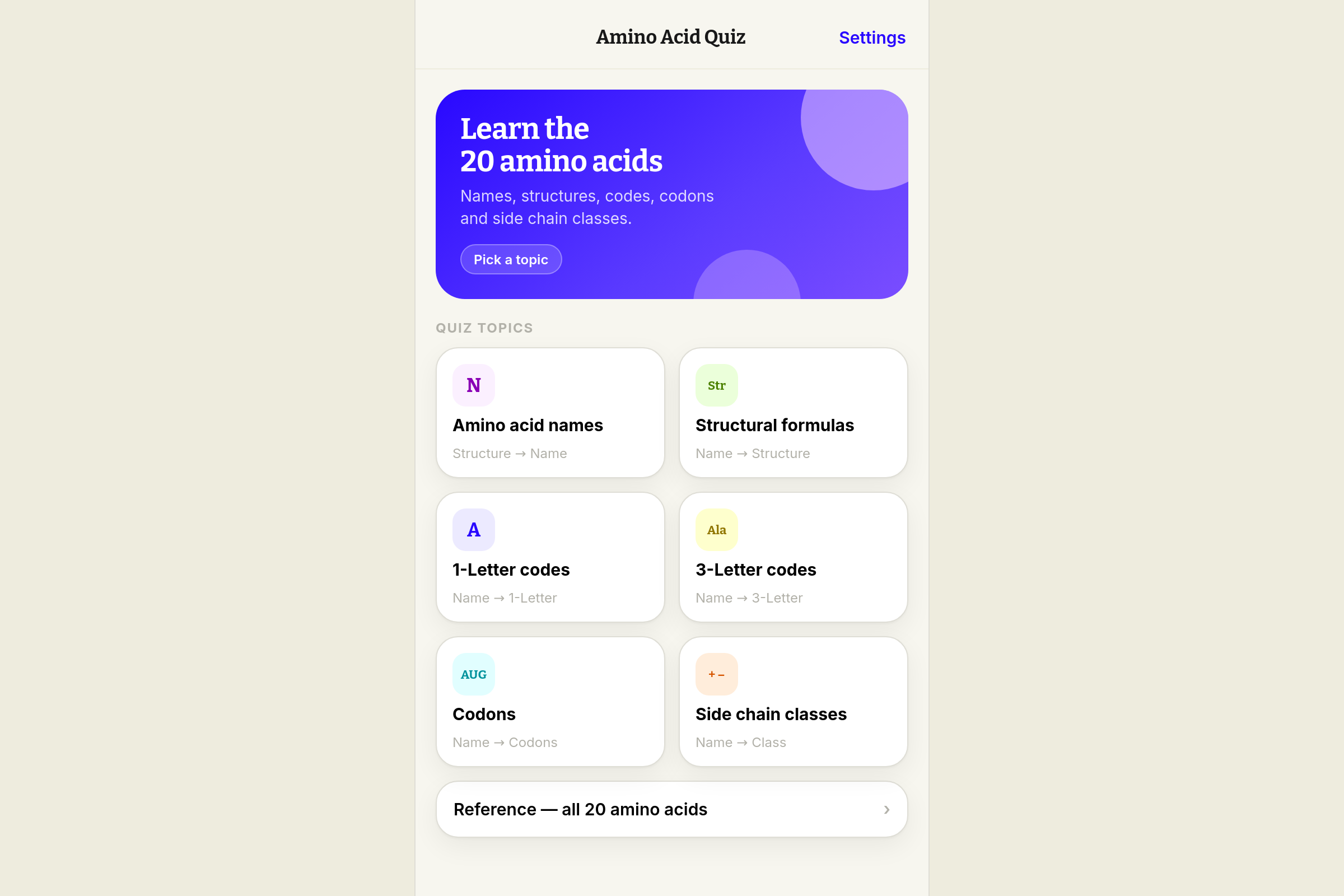 Amino Acid Quiz mini app