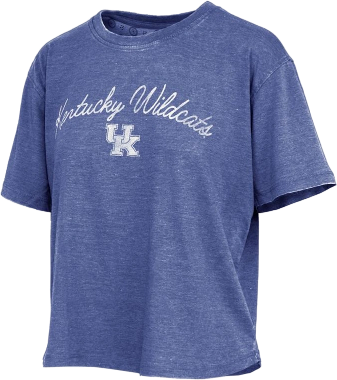 Women's Royal Kentucky Wildcats Vintage Waist Length Script Over Logo T-Shirt - Royal
