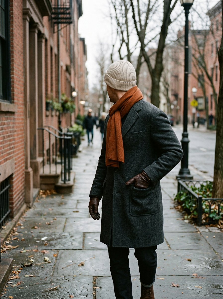 Man seen from behind on a brick-lined city sidewalk in a charcoal wool overcoat, rust lambswool scarf, oatmeal ribbed beanie and brown leather gloves.