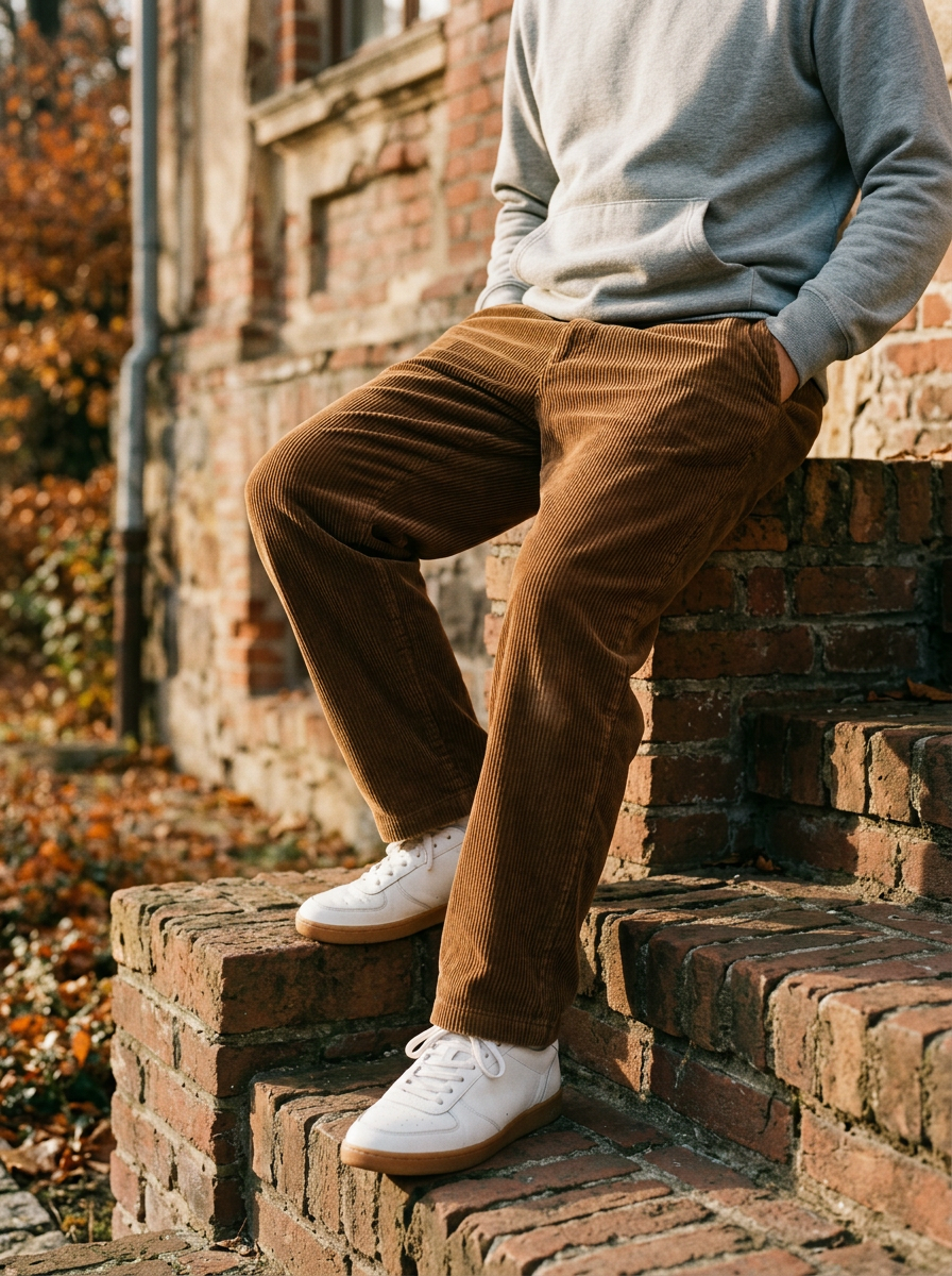 Close view of brown wide-wale corduroy pants and clean white sneakers under a grey hoodie, on brick steps in late afternoon fall light