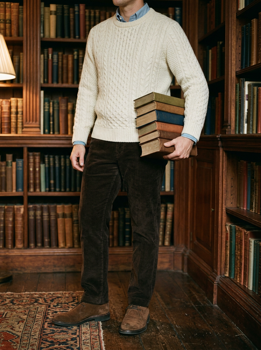 A man shown from the neck down in a cream cable knit sweater over a light blue oxford collar, dark brown corduroy trousers and suede chukka boots, holding a stack of worn hardcover books in a wood-paneled library