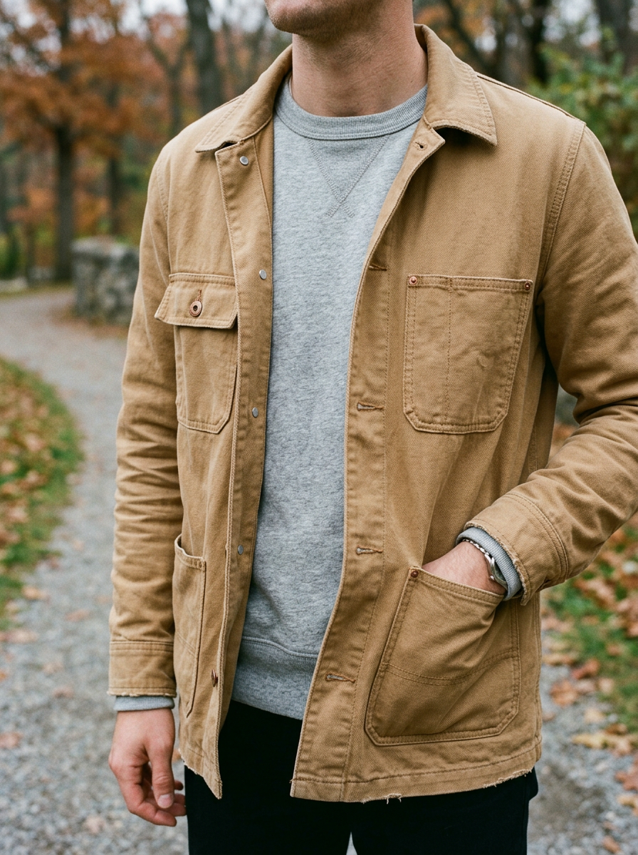 A man photographed from the chest down on an autumn path, wearing an open tan cotton twill chore coat over a grey crewneck sweatshirt.