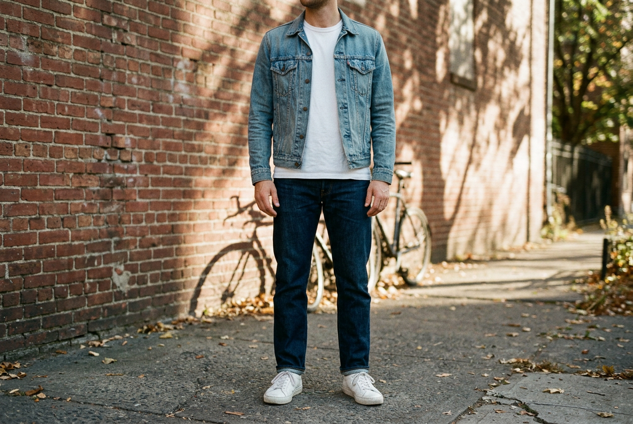 A man photographed from the chest down on a city sidewalk, wearing a faded light indigo denim trucker jacket over a white t-shirt and dark jeans.