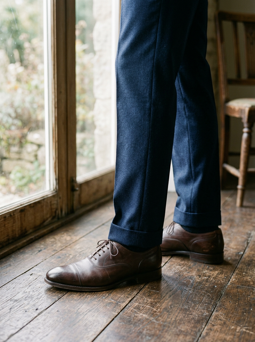 Navy wool suit trousers with a slight break over dark brown leather oxfords
