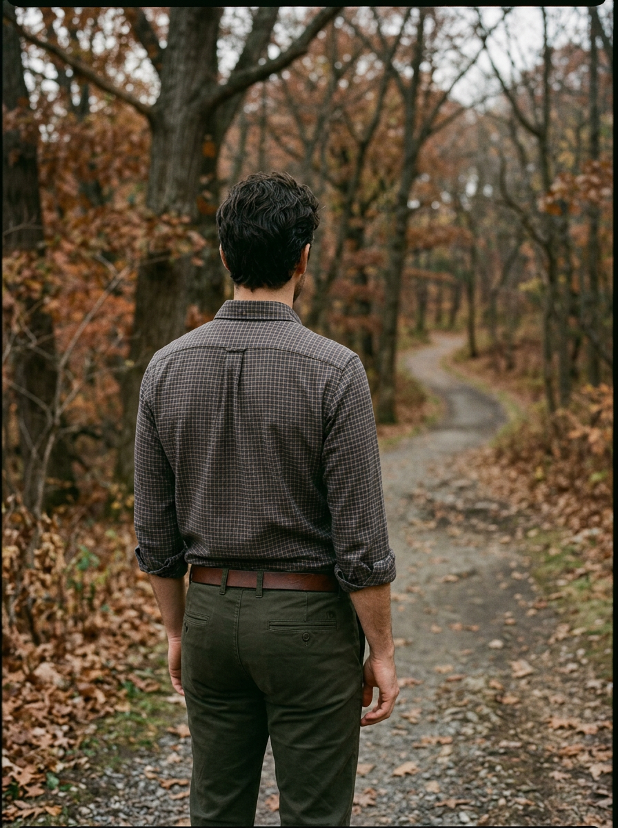 A man seen from behind in a small brown check flannel shirt tucked into olive chinos with a brown leather belt, sleeves rolled, on an autumn park path