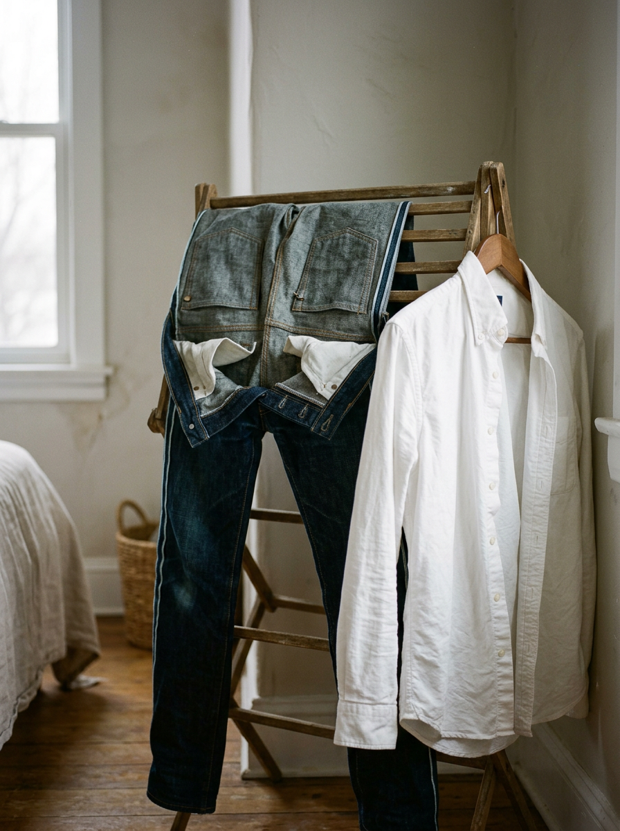 Dark indigo jeans turned inside out drying on a wooden rack next to a white oxford shirt on a wide wooden hanger