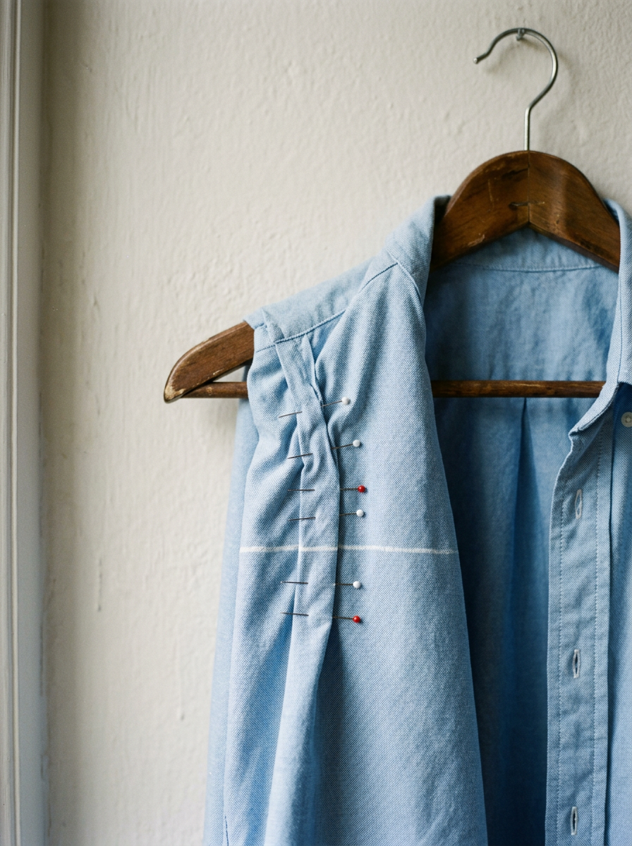A light blue oxford shirt on a wooden hanger with its side seam pinned and marked in white tailors chalk