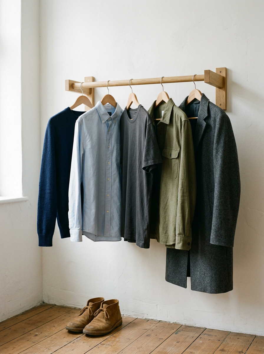 A wooden clothing rail holding a navy sweater, light blue oxford shirt, grey t-shirt, olive overshirt and charcoal overcoat, with tan suede chukka boots on the floor