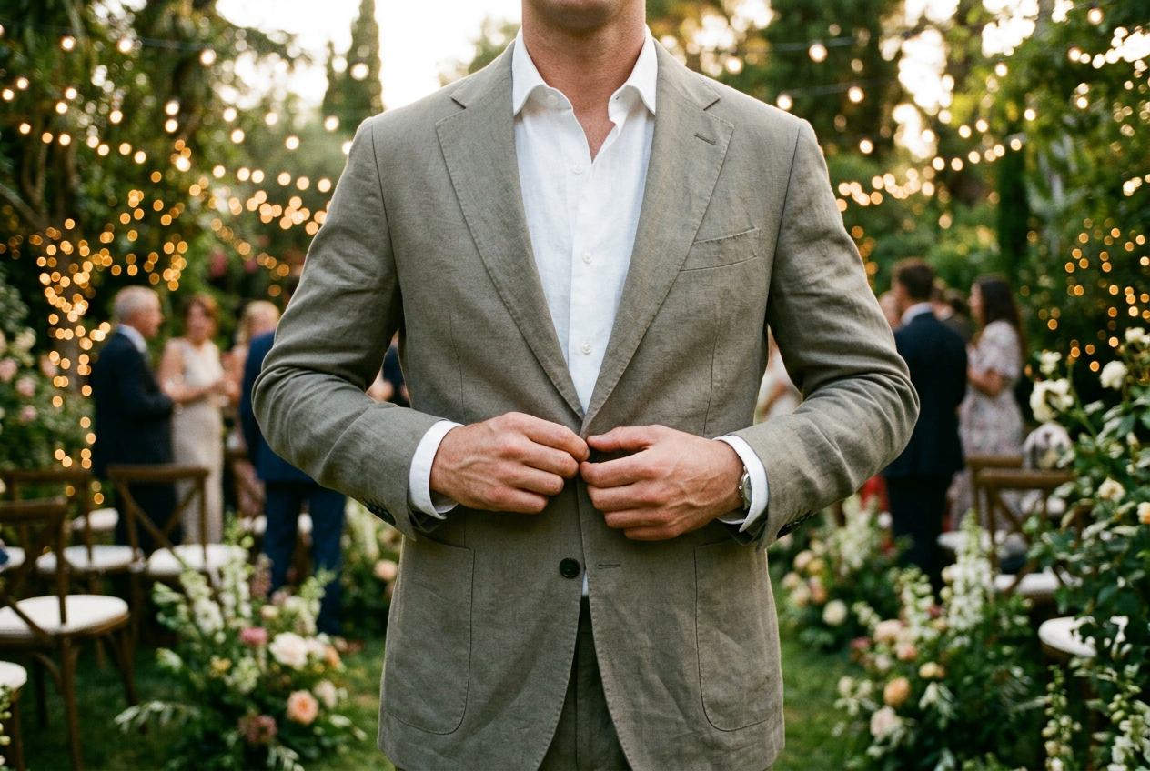 Man buttoning a sage linen suit jacket at an outdoor summer wedding venue at golden hour