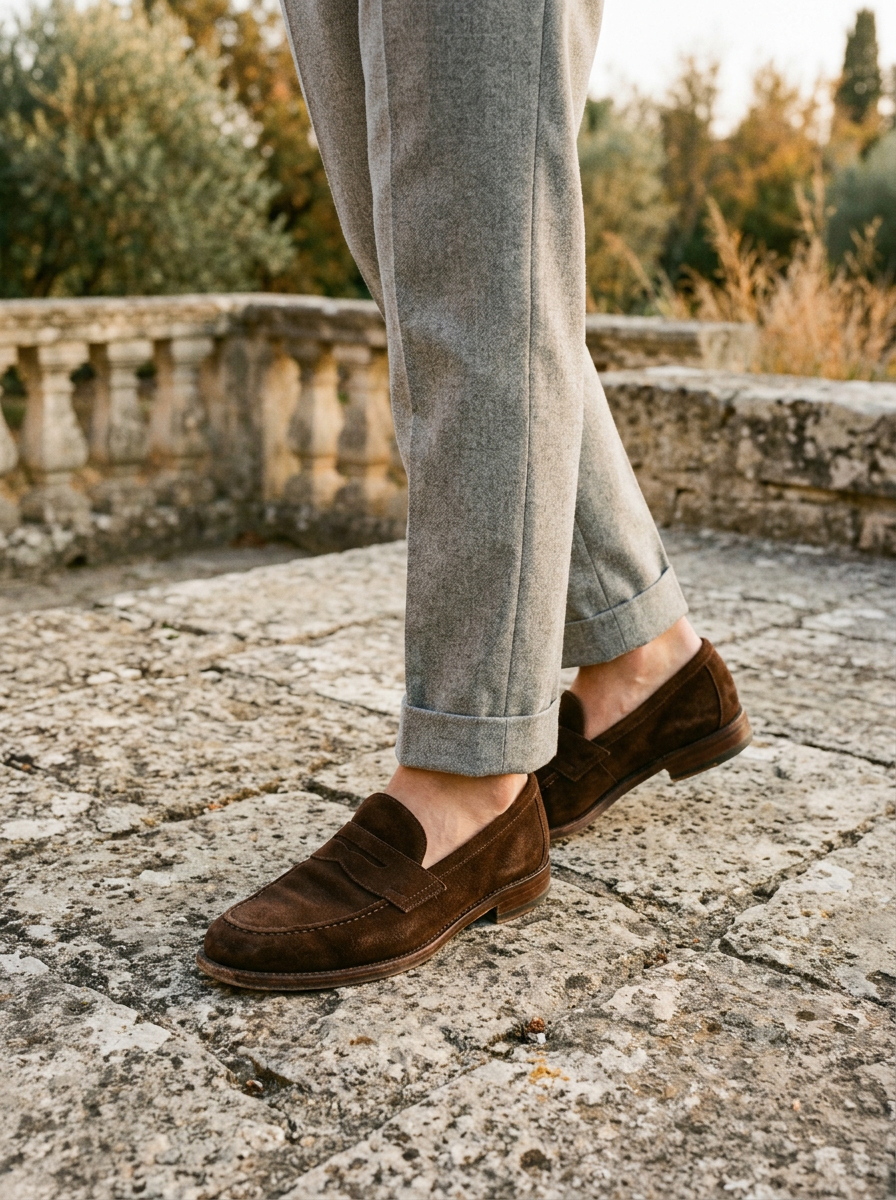 Brown suede loafers with cuffed grey trousers on a stone terrace