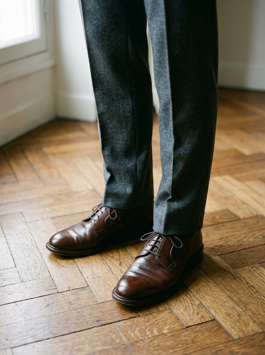 Charcoal wool trousers with a slight break over brown leather derby shoes