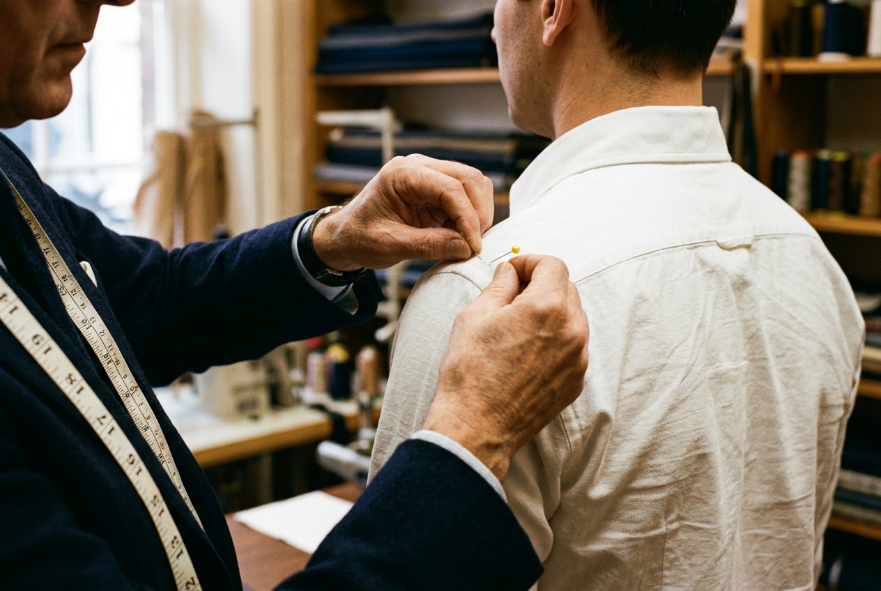 A tailor's hands pinning the shoulder seam of a white oxford shirt