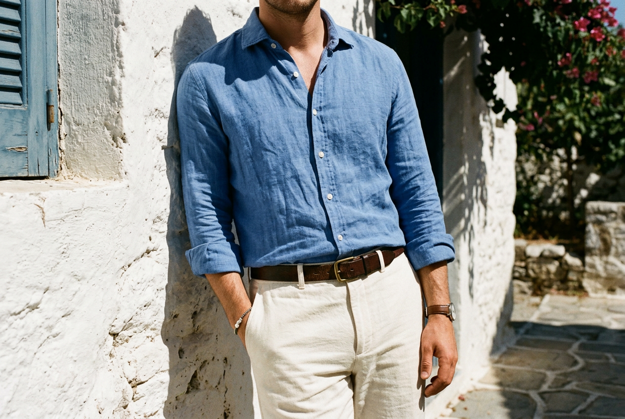 Man in a washed blue linen shirt and ecru trousers leaning against a whitewashed wall in midday sun