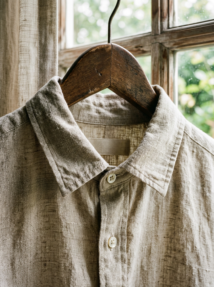 Close detail of a flax linen shirt collar on a wooden hanger