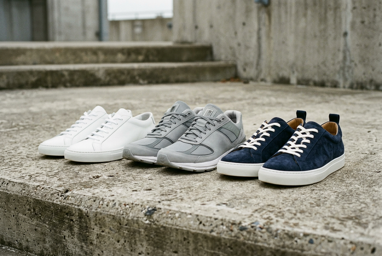 Three pairs of sneakers lined up on concrete: white leather, grey mesh runner, navy suede