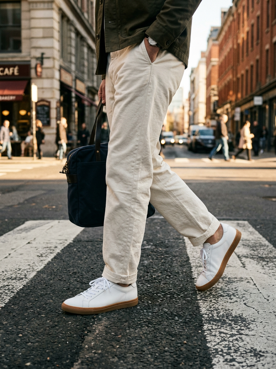 Ecru chinos and white leather sneakers mid-stride on a city street