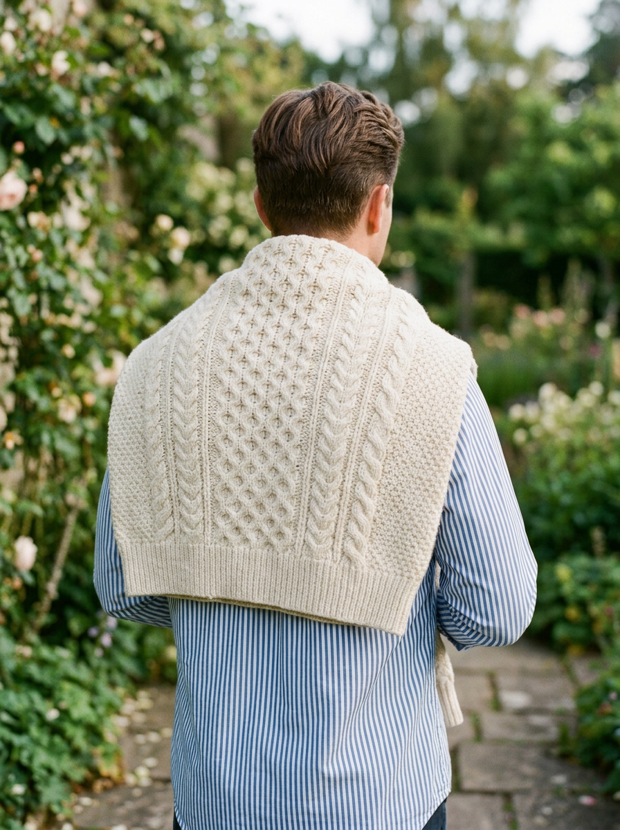Cream cable-knit sweater draped over the shoulders of a striped oxford shirt