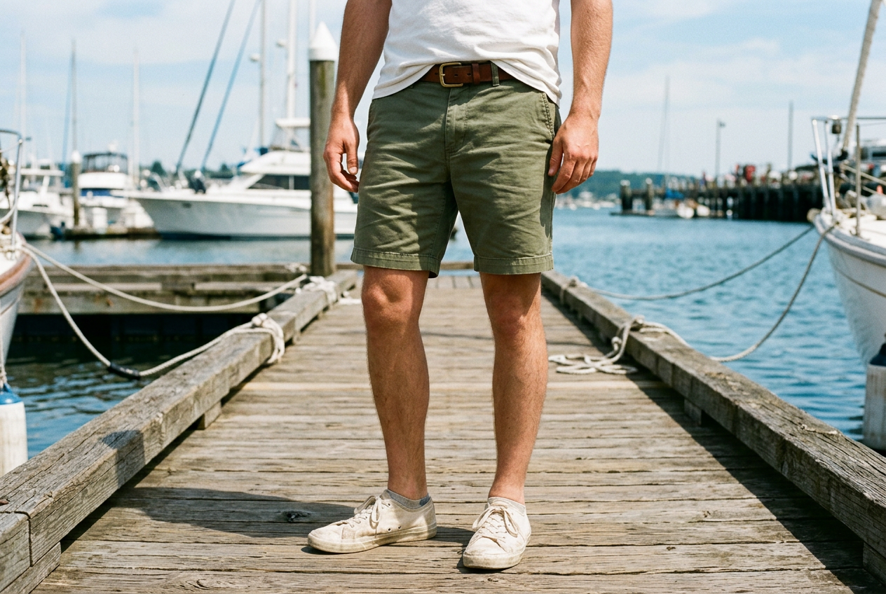 Olive chino shorts with a seven inch inseam and canvas sneakers on a marina boardwalk