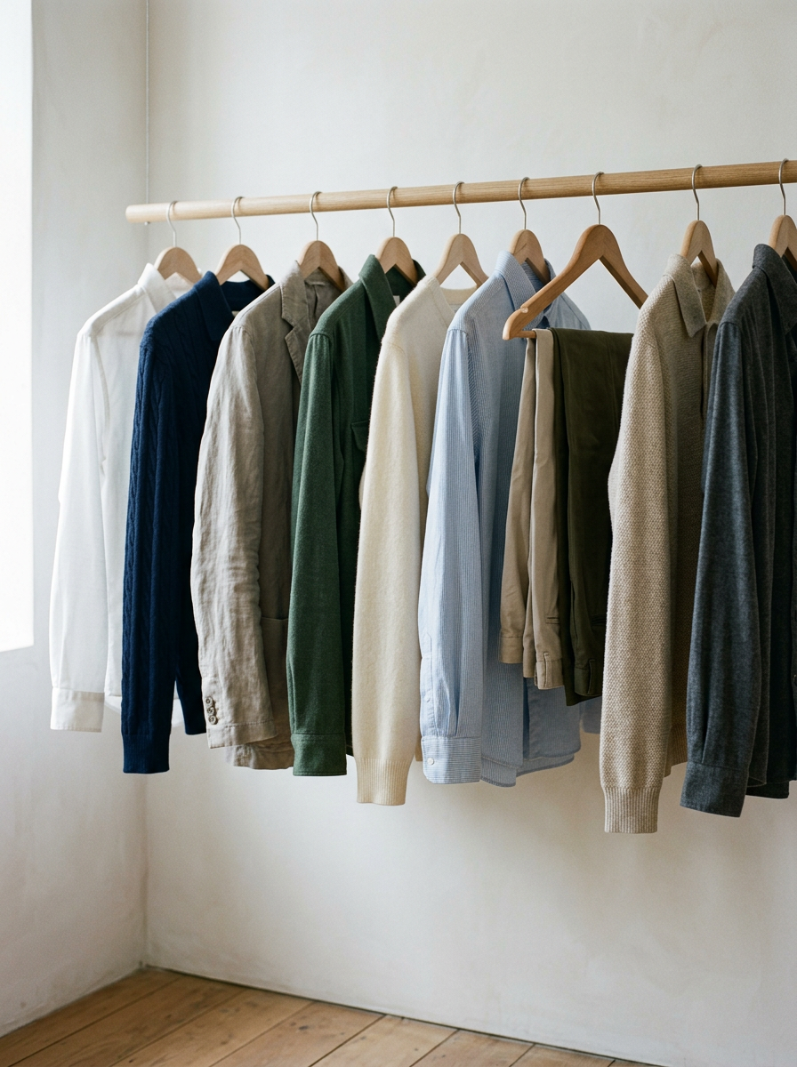 A minimalist closet rail with oxford shirts, knit polos and an unstructured blazer in tonal colors