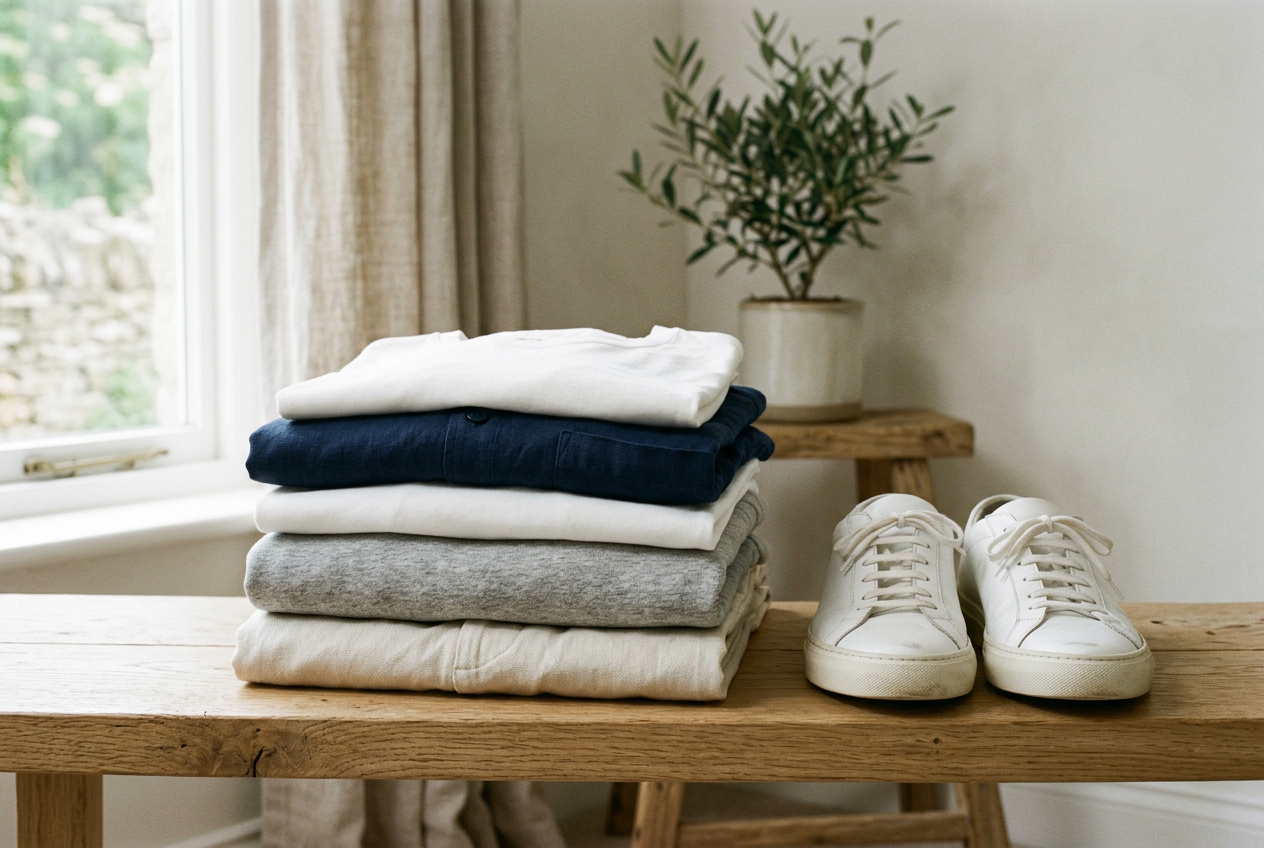 Folded stack of summer menswear on an oak shelf: white tees, navy overshirt, ecru chinos, grey sweatshirt