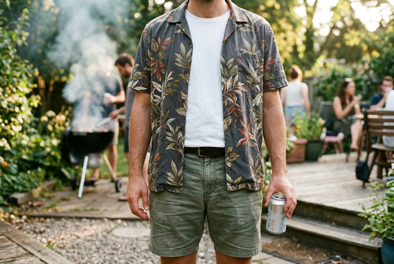 Man at a backyard cookout in an open camp collar shirt over a white tee, holding a cold drink, grill smoke behind
