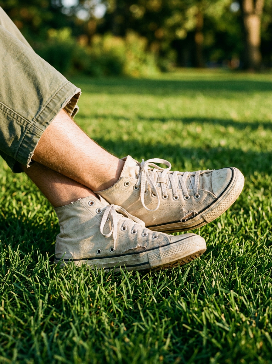 Broken-in canvas sneakers on cut grass with olive shorts