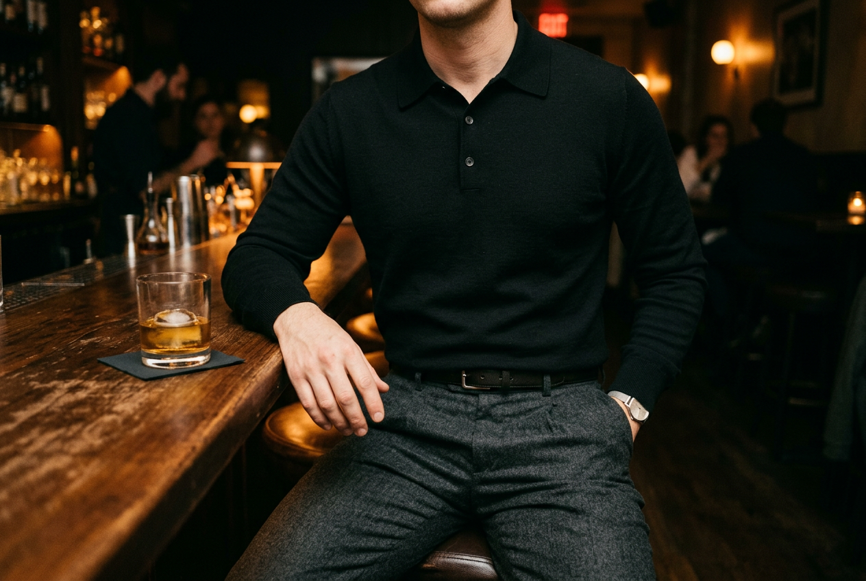 Man in a black knit polo and charcoal trousers at a dim restaurant bar with warm light