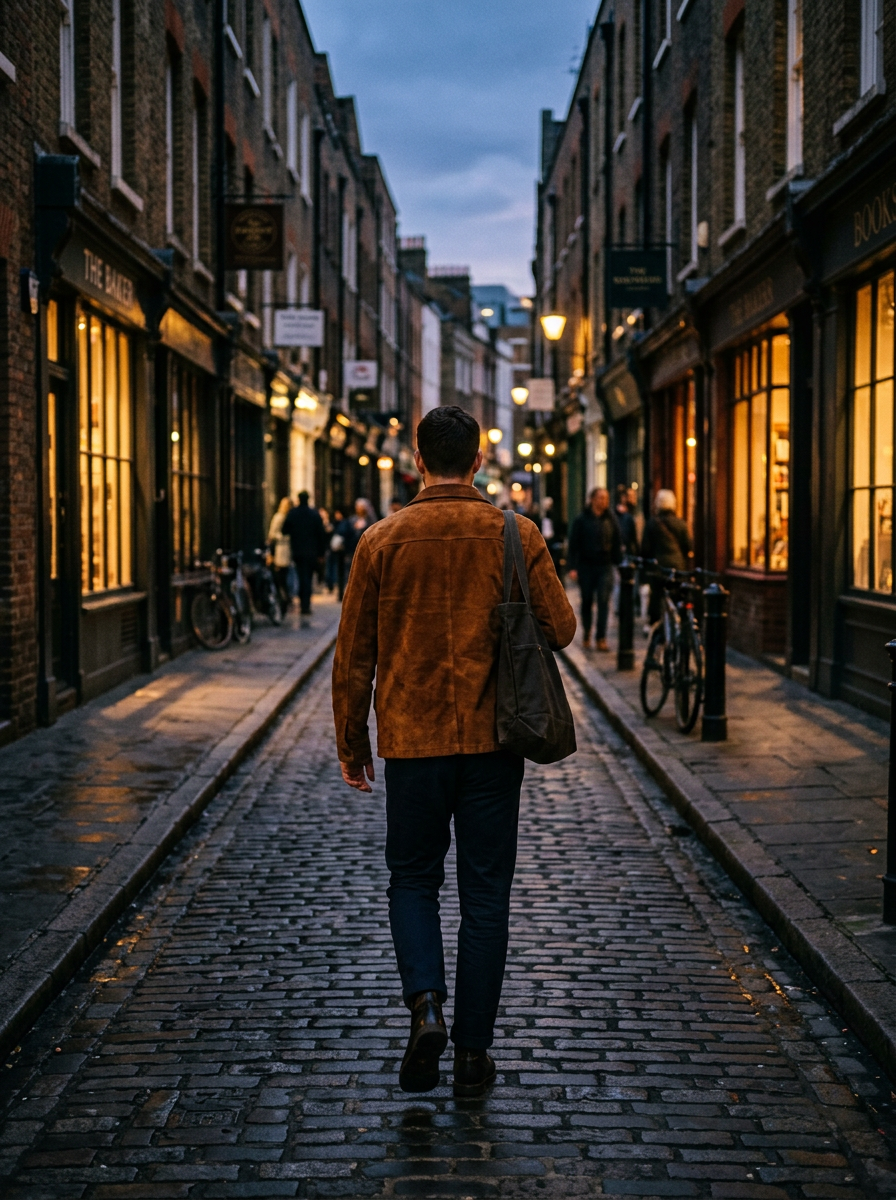 Man from behind in a suede chore jacket walking a city street at dusk