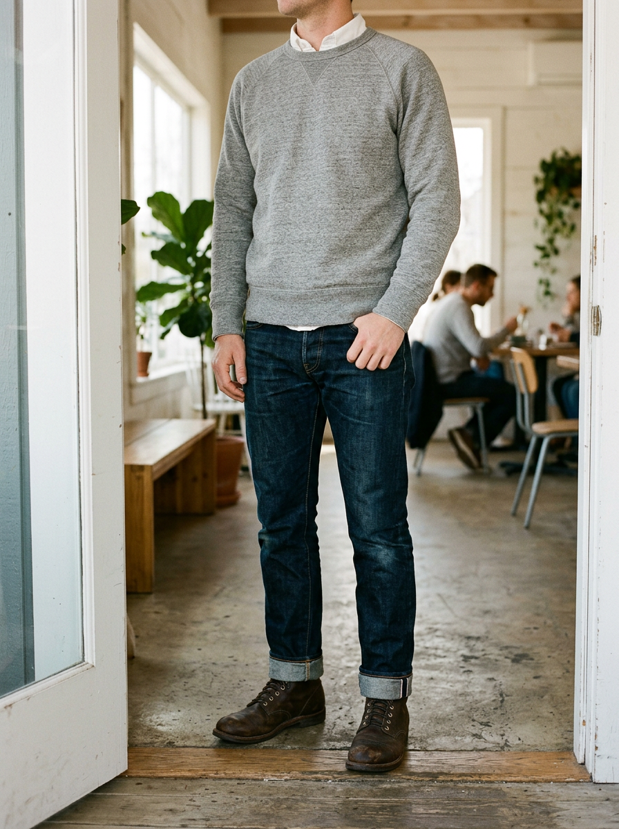 Grey crewneck sweatshirt with an oxford collar visible, dark jeans, in a bright cafe doorway