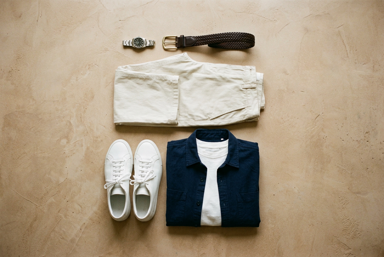Flat lay of a complete outfit: white tee, navy overshirt, ecru chinos, white sneakers, woven belt and watch