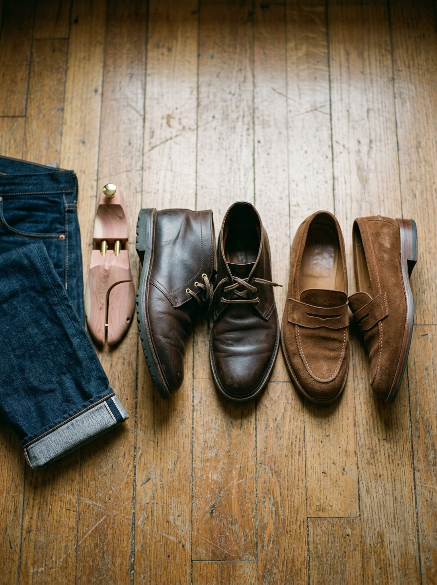 Overhead view of dark brown leather chukka boots and brown suede penny loafers on a wooden floor next to folded indigo jeans and a cedar shoe tree.