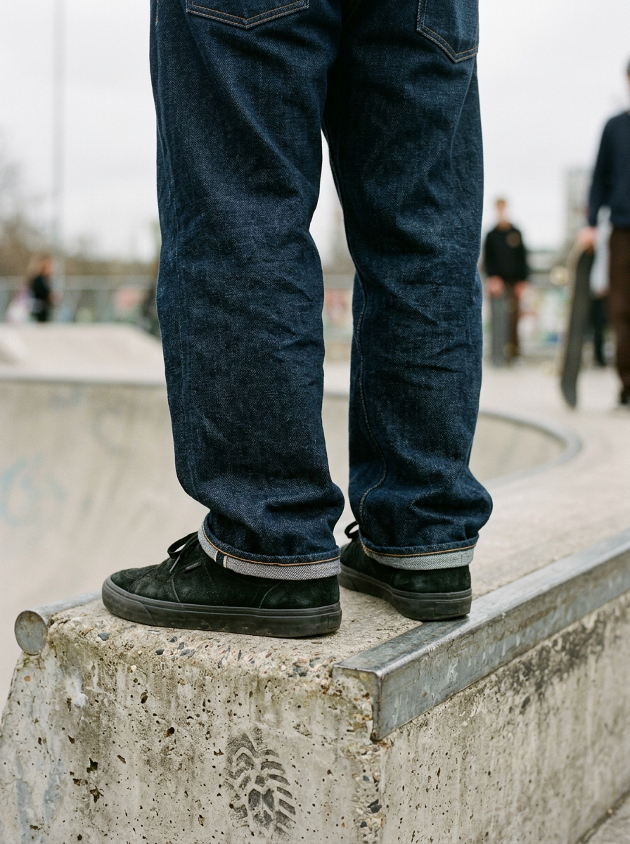 Cuffed dark indigo denim jeans over black suede sneakers, photographed from behind on a concrete skate park ledge.