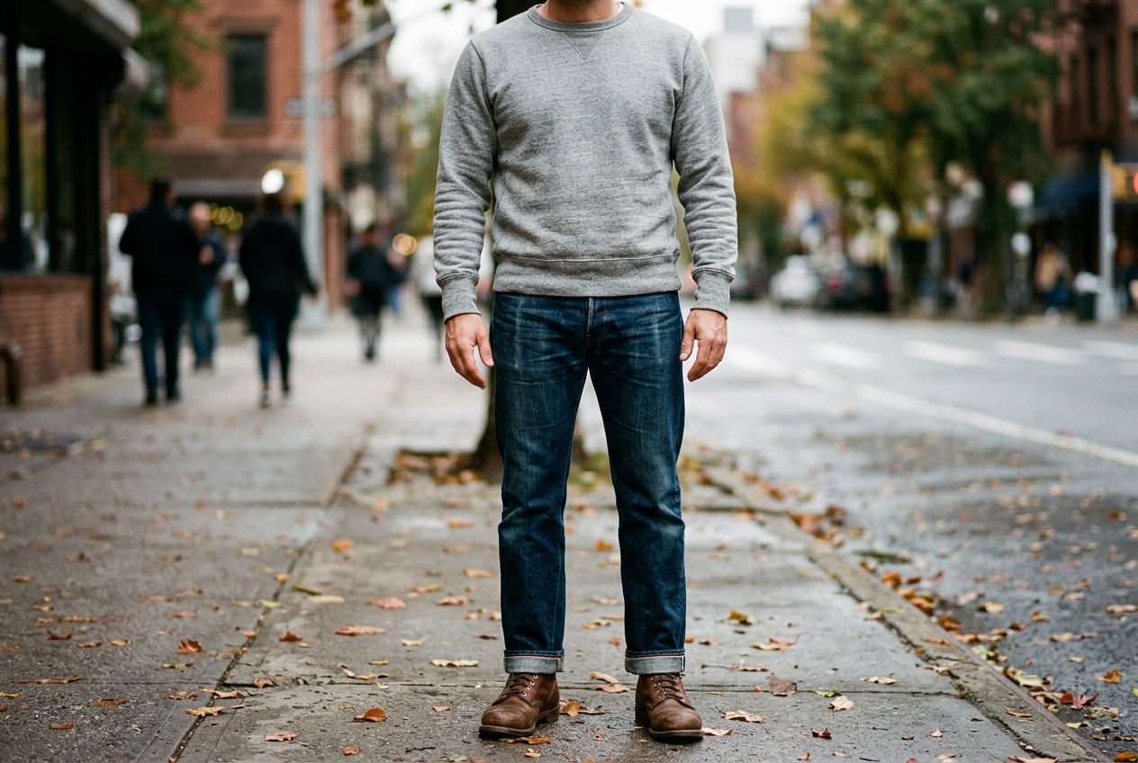 A man photographed from the chest down on an autumn city sidewalk, wearing a heather grey crewneck sweatshirt, dark straight leg jeans and brown leather boots.