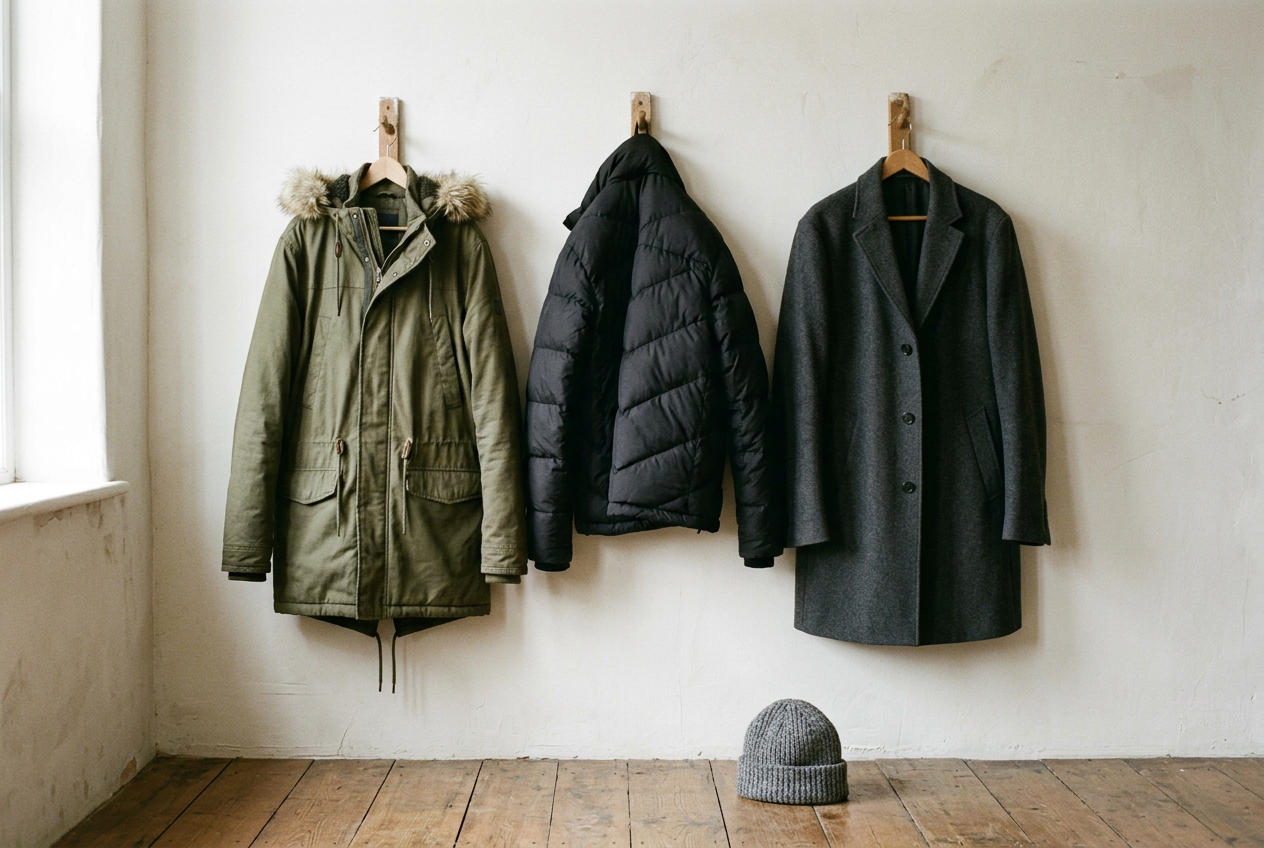 An olive parka, a black down puffer and a charcoal wool topcoat hanging side by side on wooden hooks