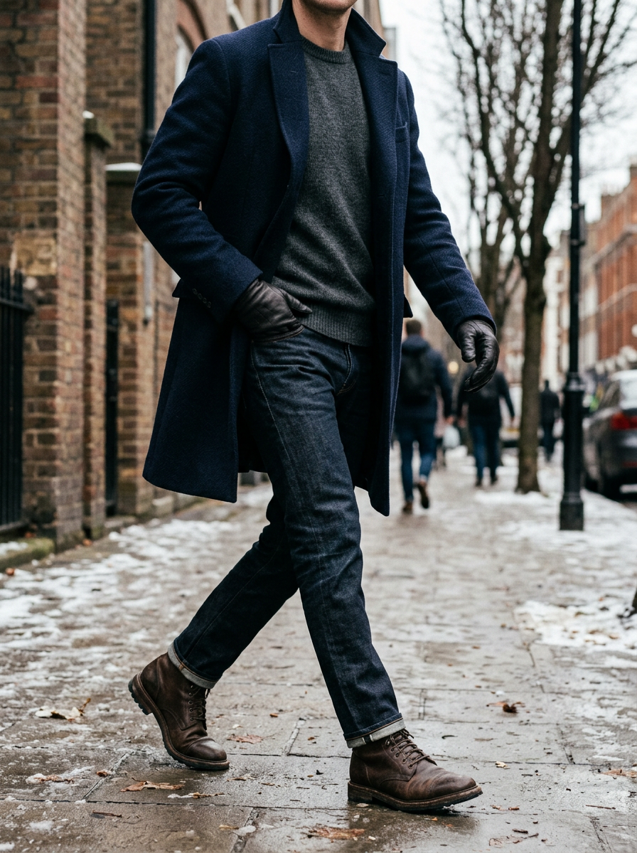 Man in a navy wool topcoat over a grey crewneck sweater, dark jeans and brown boots, walking down a snowy city sidewalk