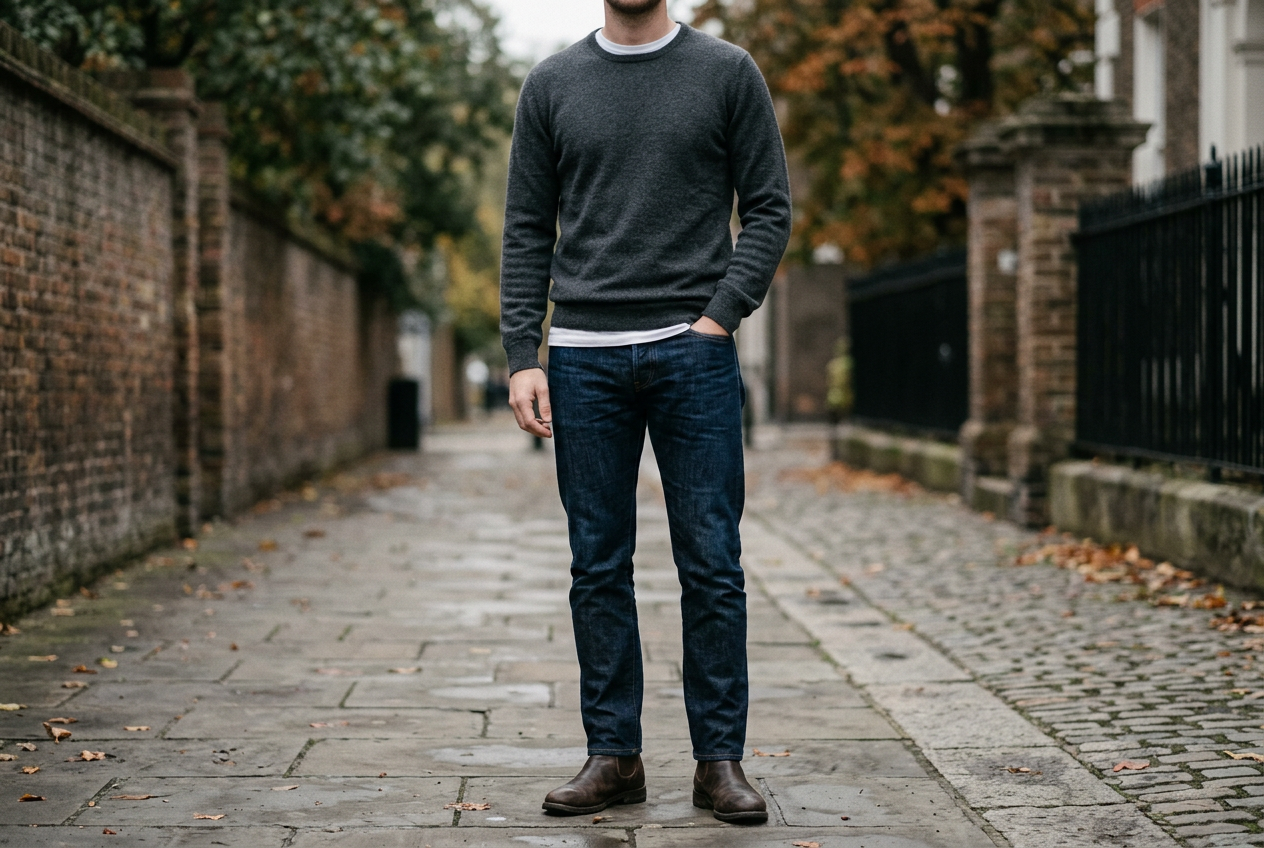 A man photographed from the chest down in a charcoal merino crewneck over a white t-shirt with dark jeans, standing on a wet stone sidewalk in autumn light.