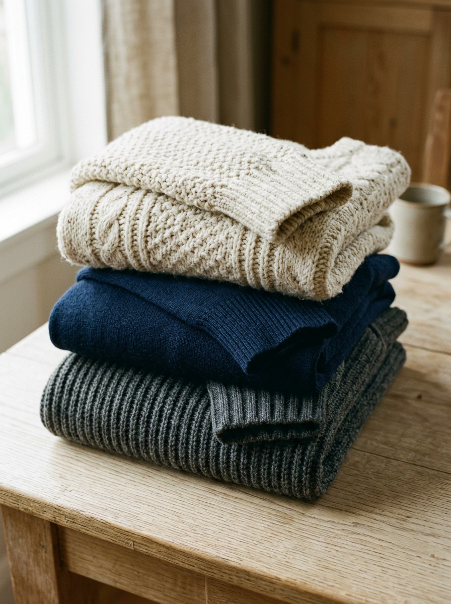 A stack of three folded wool sweaters, oatmeal chunky lambswool, navy fine gauge merino and charcoal ribbed knit, on a pale wooden table in window light.