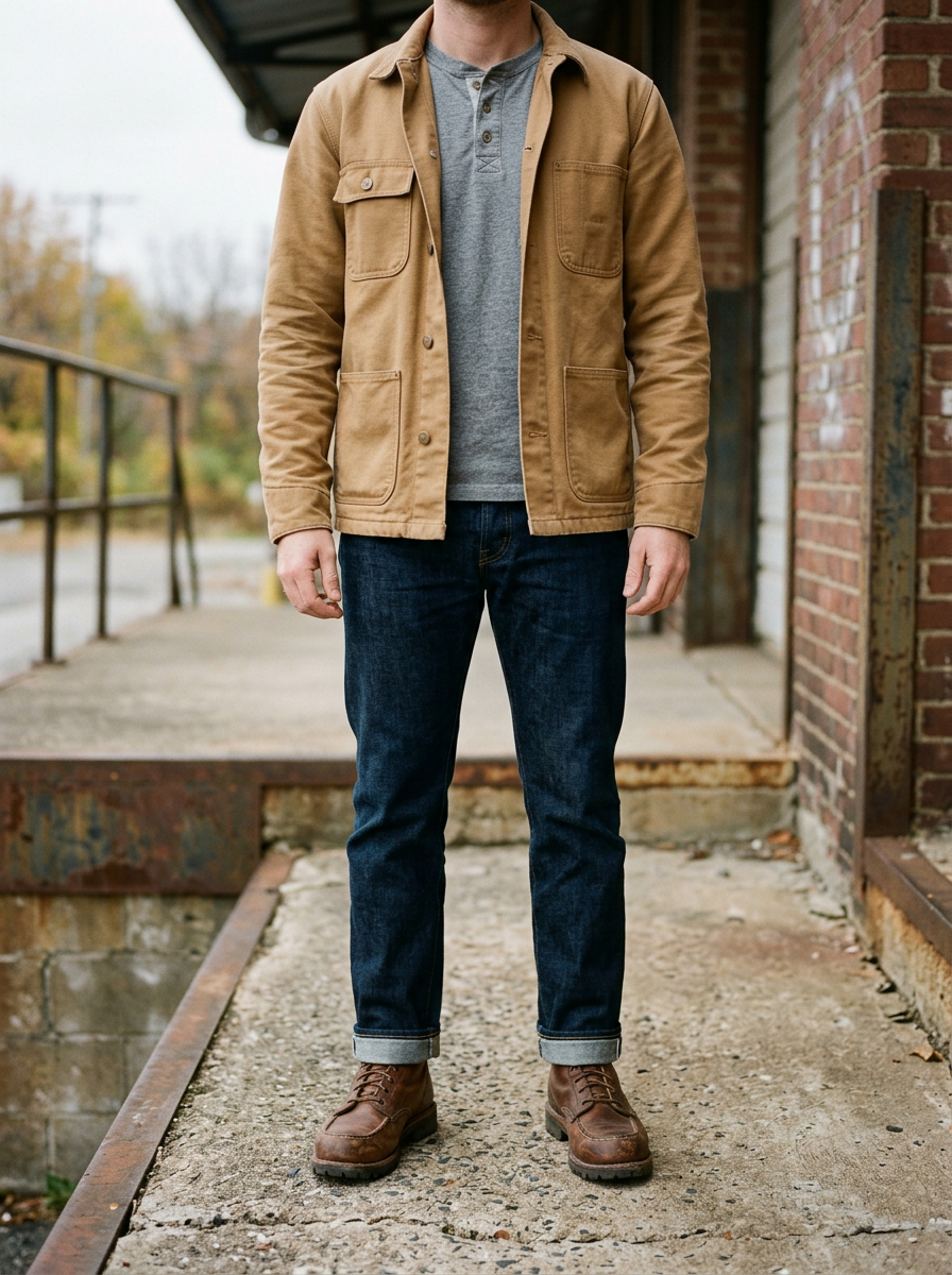 A man seen from the chest down in a tan duck canvas chore coat over a grey henley, straight-leg indigo jeans with a single cuff, and brown leather moc toe boots on a concrete loading dock.